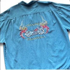 Tommy Bahama Harley Davidson Motorcycle 100% Silk Shirt 2XL Blue Embroidered